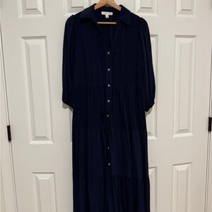 She + Sky Navy Long Sleeve Button-Down Dress